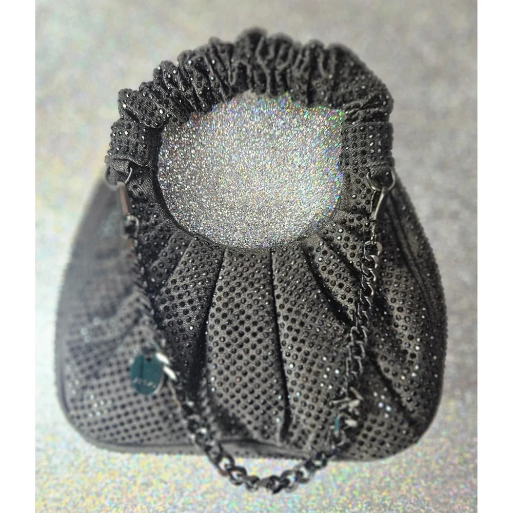 ALDO Ivalia Gray Rhinestone‎ Embellished Mini Hobo Ruched Chain Clutch Handbag
